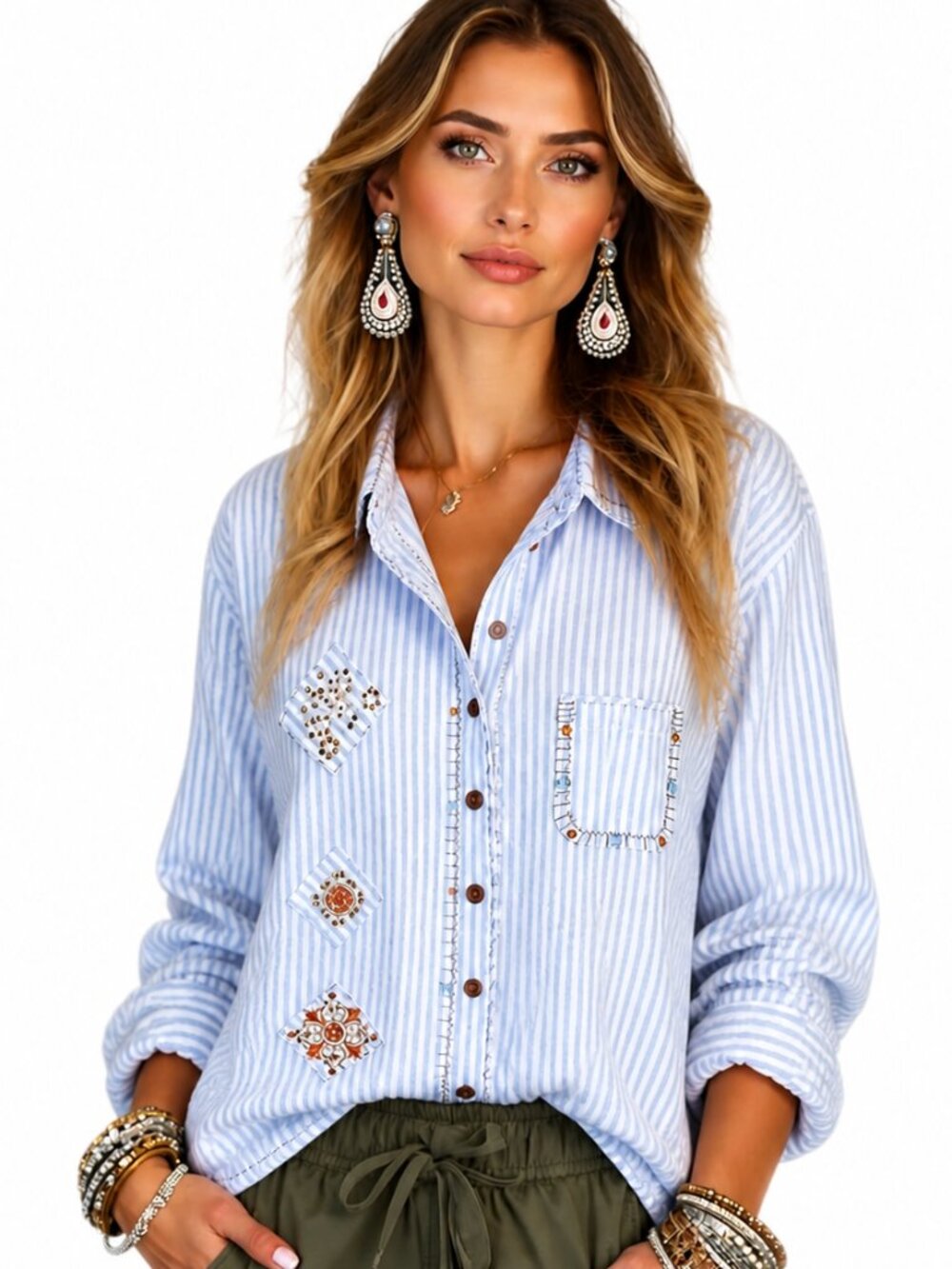 Conrad C. blue and white striped embellished shirt, intricate stitching detail